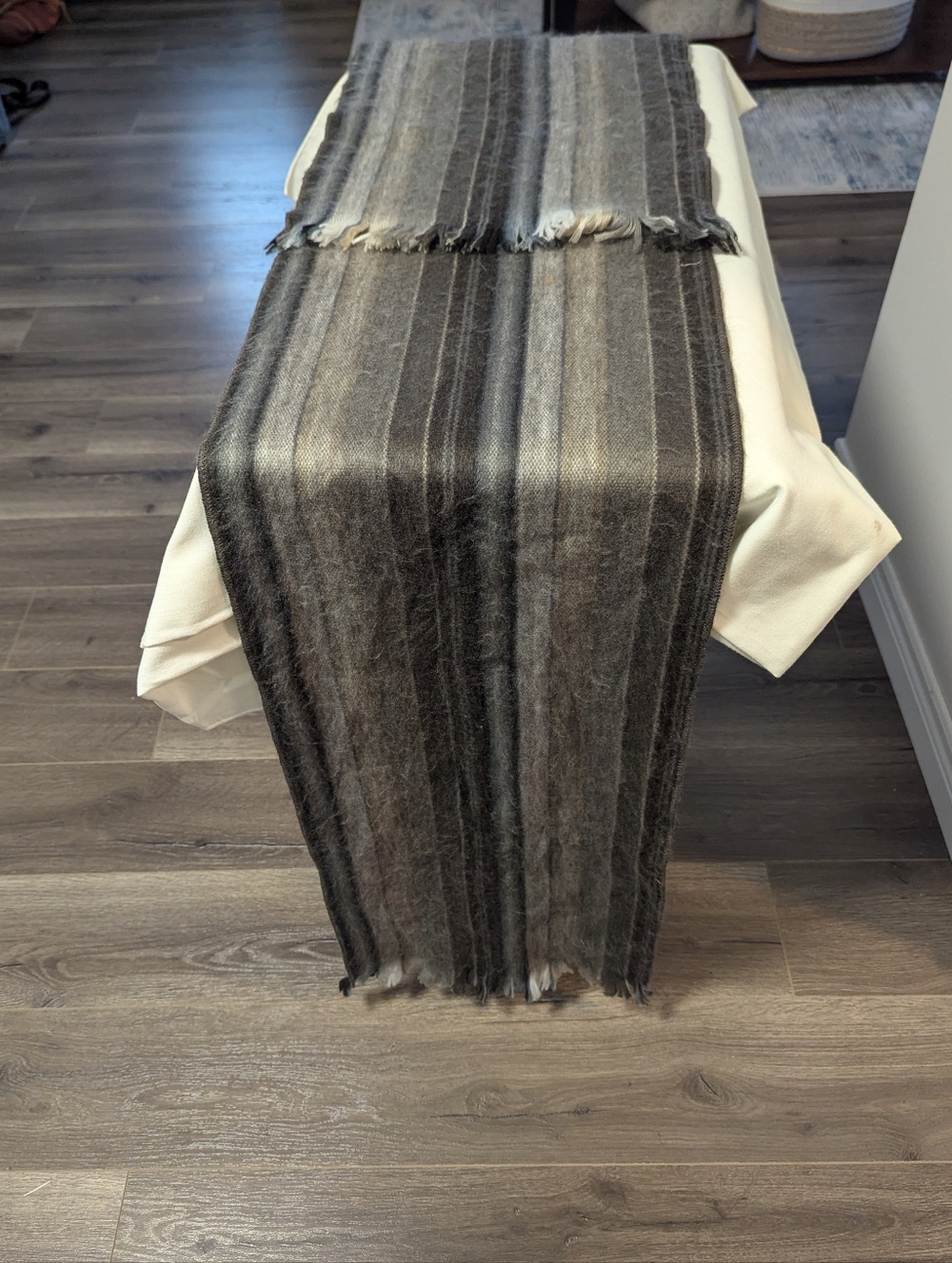 Tresart Cache Alpaca Wool Stripe White Grays With Brown Undertones Long. Fringe.